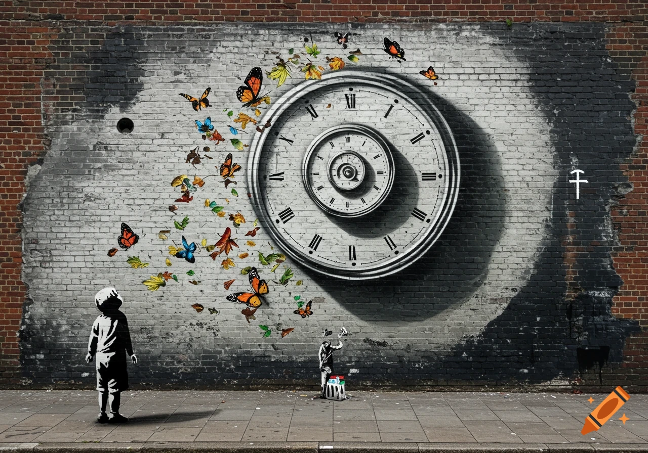 Banksy-style street art mural on a brick wall featuring a child, a spiraling clock, and a burst of colorful butterflies and leaves.