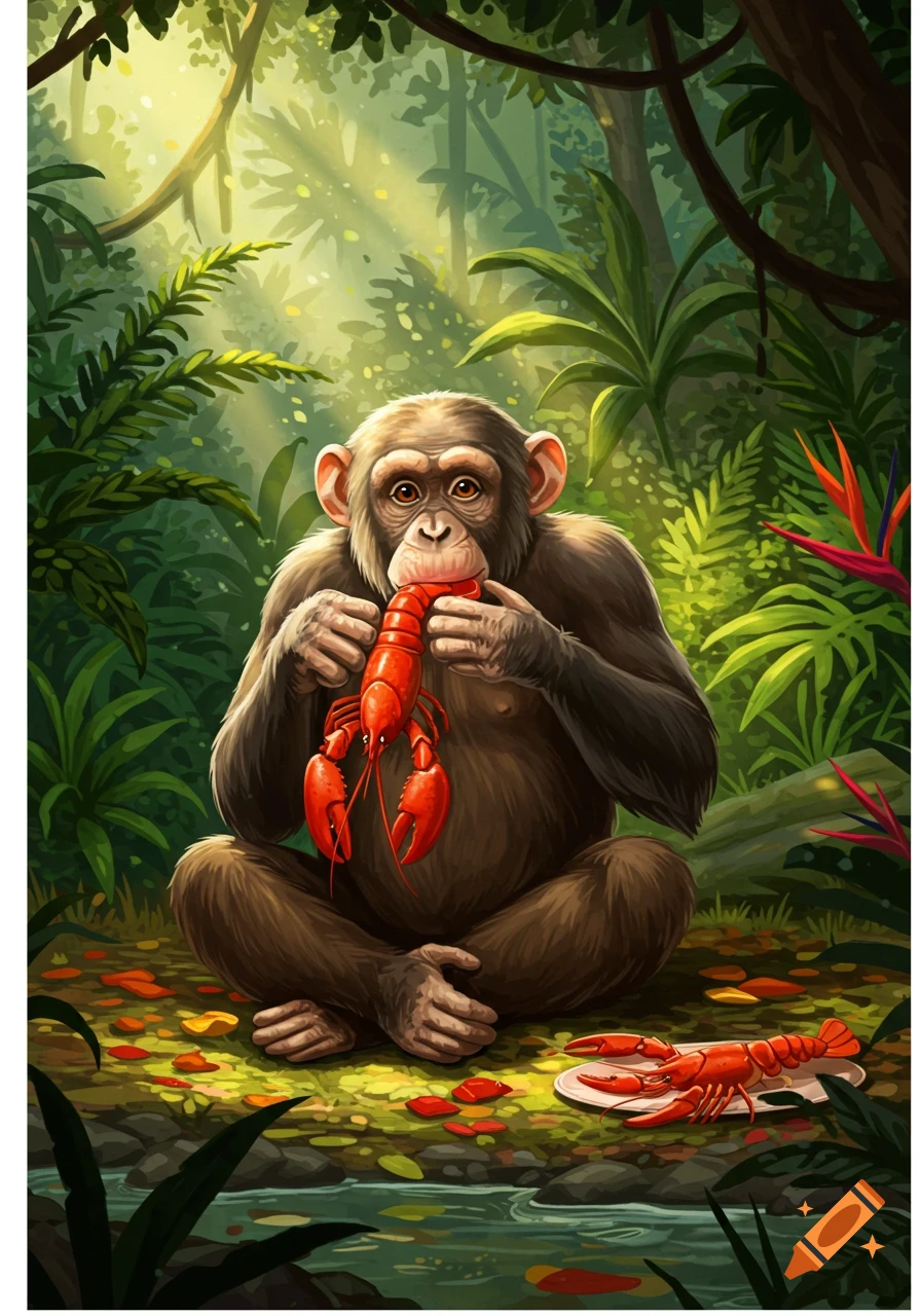 A brown chimpanzee sits in a lush green jungle, eating a red lobster in an illustrative style. Another lobster is on a plate nearby.