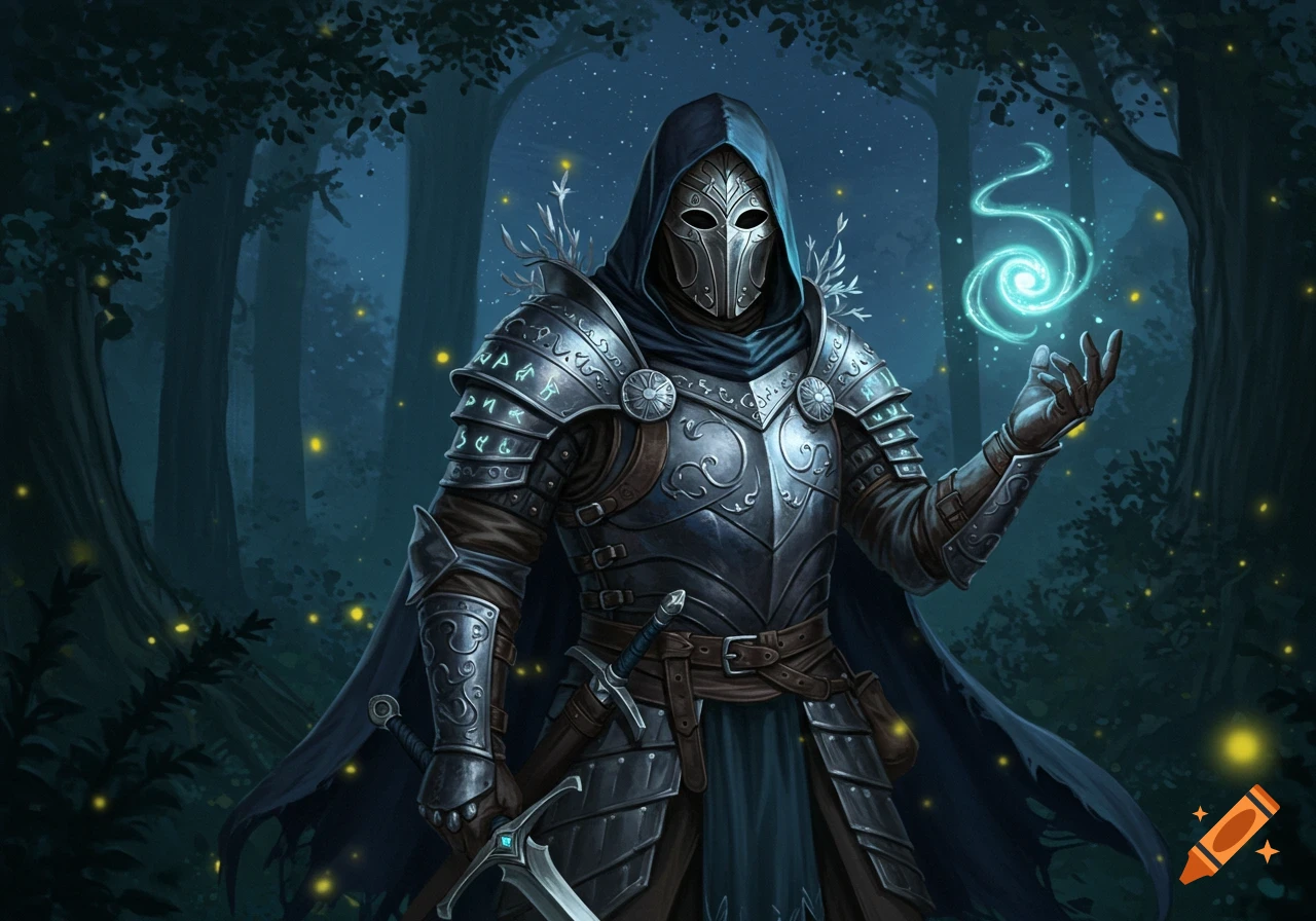 A masked spellsword in ornate armor holds a glowing blue magical orb in a dark, star-dusted forest.