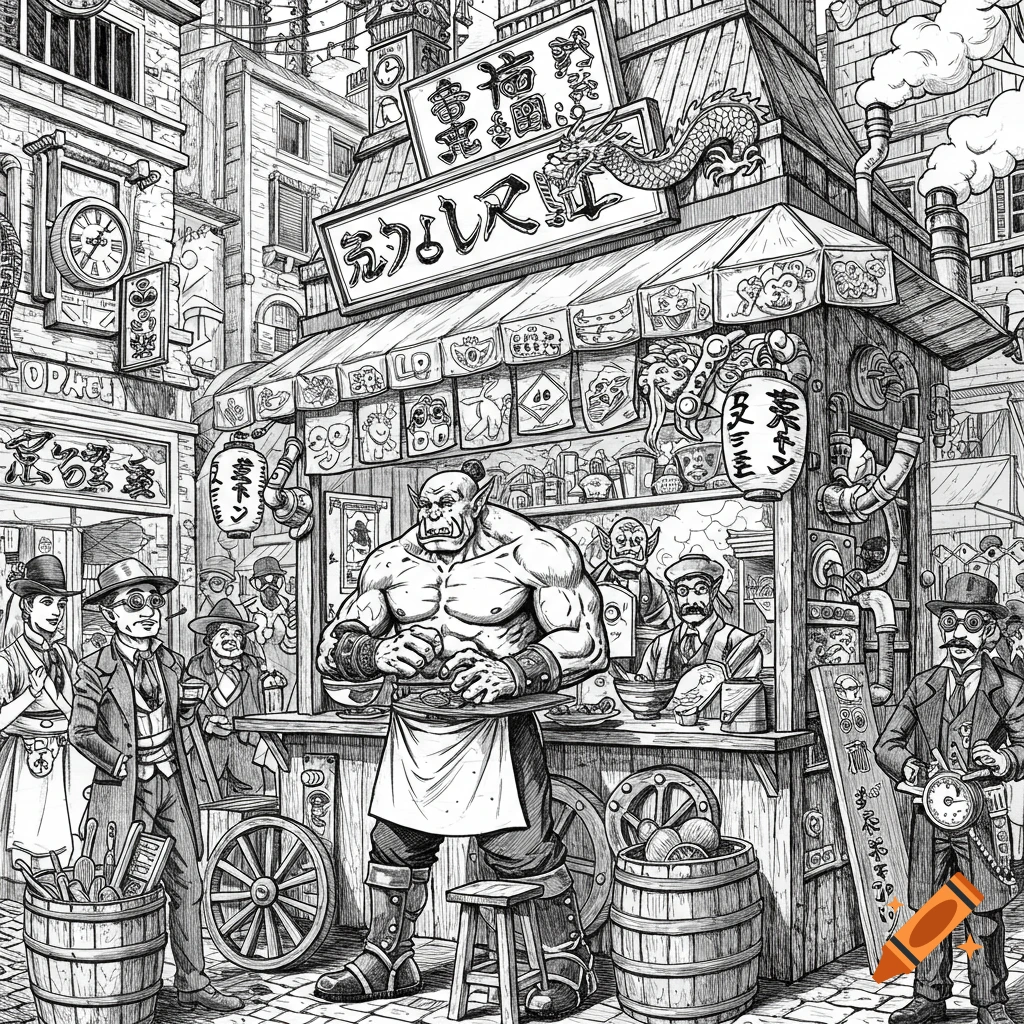 A detailed black and white ink drawing of a muscular orc working at a bustling Japanese-style street food stall in a steampunk city.