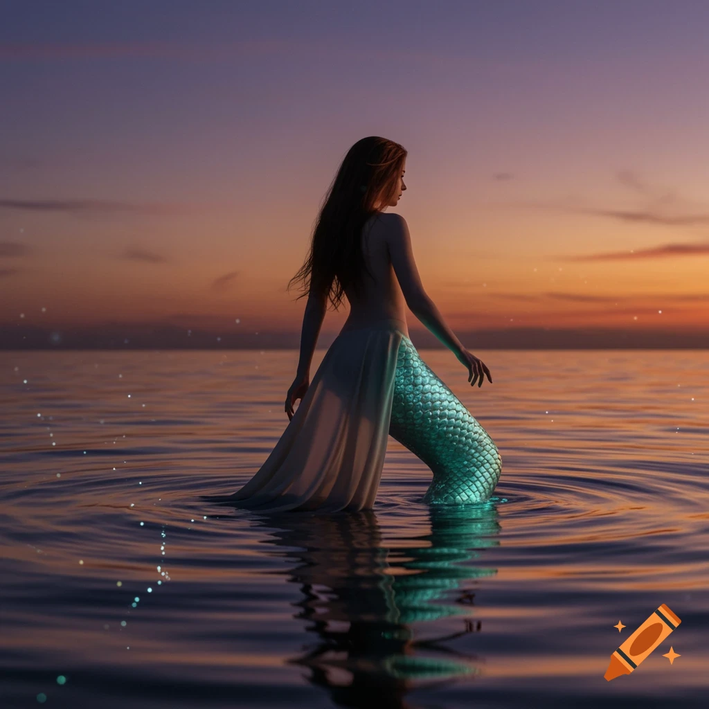 A mermaid with long hair stands in the ocean at sunset, her shimmering tail reflecting the light.