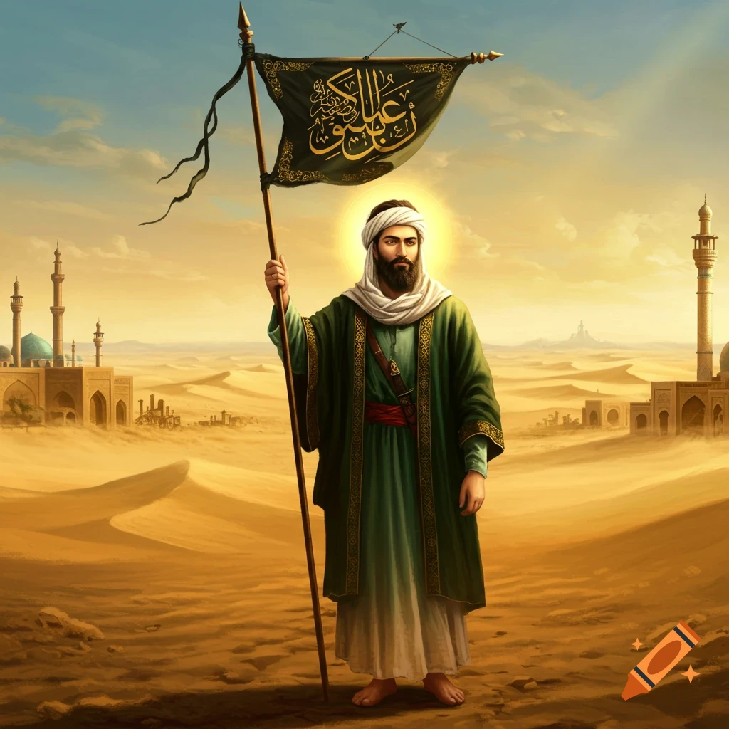 A man with a halo around his head holds a black flag with golden Arabic calligraphy in a desert landscape with buildings and minarets.