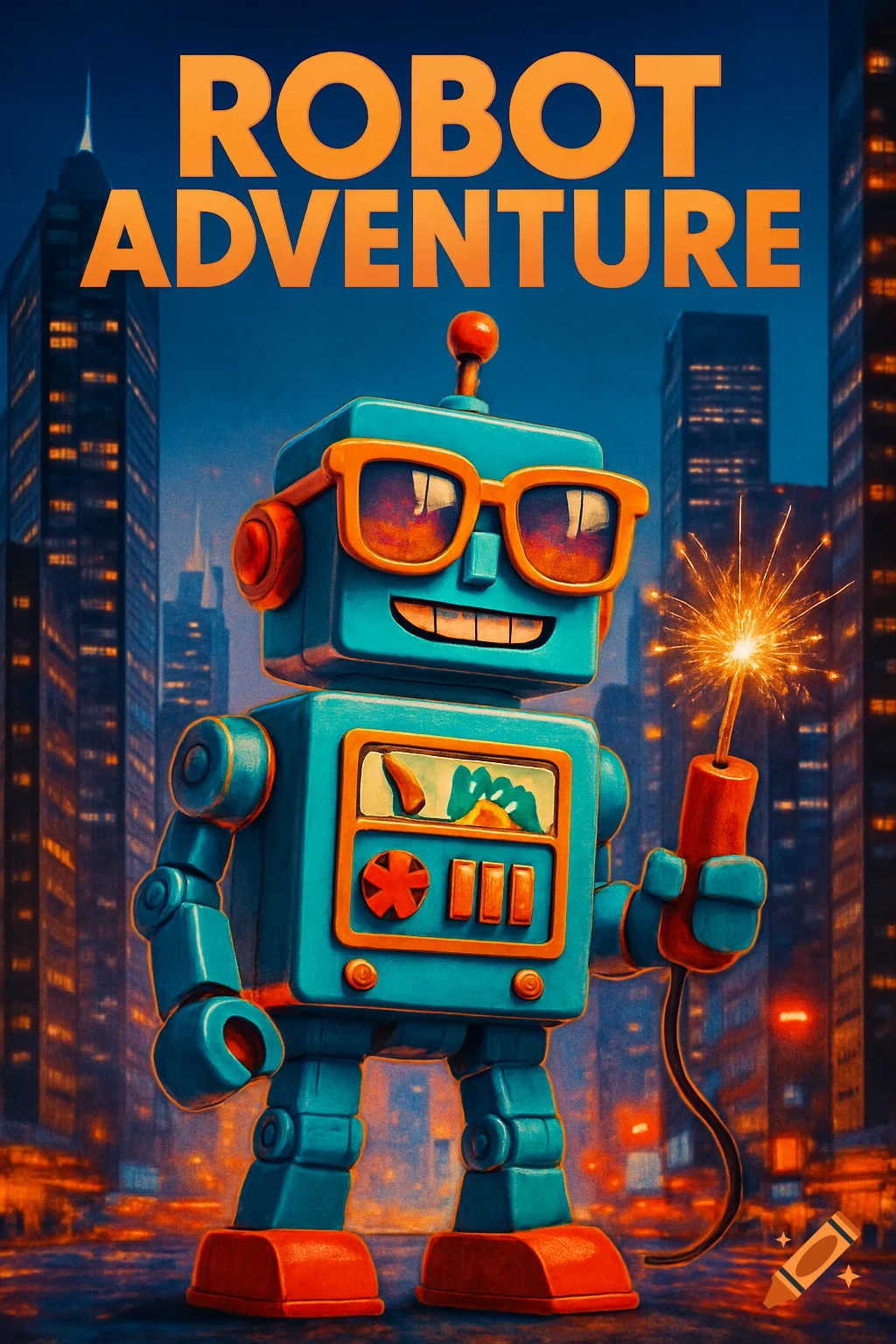 A blue and orange toy robot wearing sunglasses holds a sparkler in a futuristic city at night, with "ROBOT ADVENTURE" text above.
