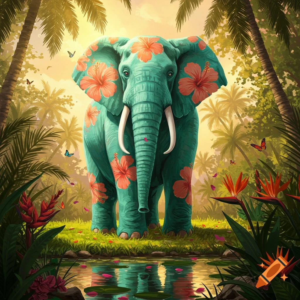 A teal elephant covered in hibiscus flower patterns stands in a lush tropical jungle with a pond in the foreground, bathed in golden light.