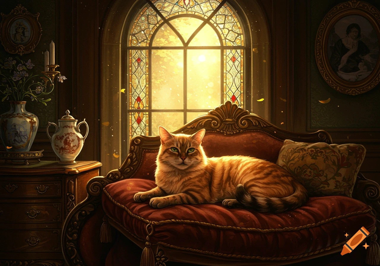 An orange tabby cat lies on a red velvet couch in a richly decorated room with a large, glowing stained-glass window.