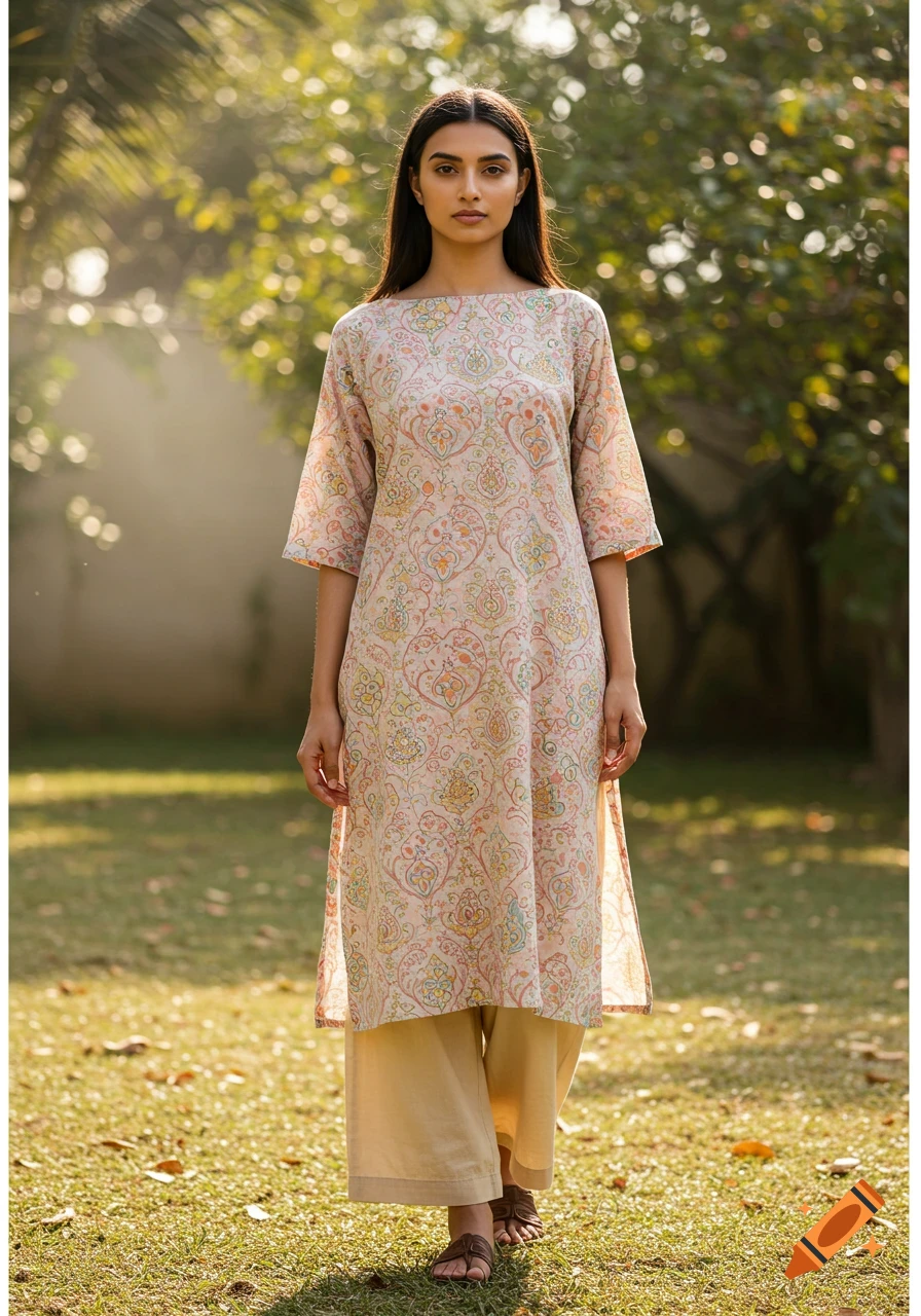 A stylish woman in a patterned tunic and light beige wide-leg pants stands outdoors in natural light.