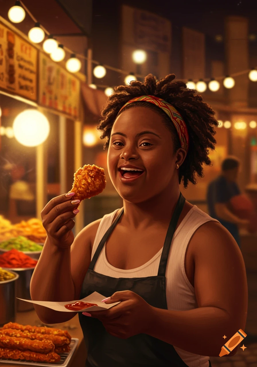 A smiling woman with Down syndrome holding a piece of fried chicken and a paper with ketchup at a vibrant night market.