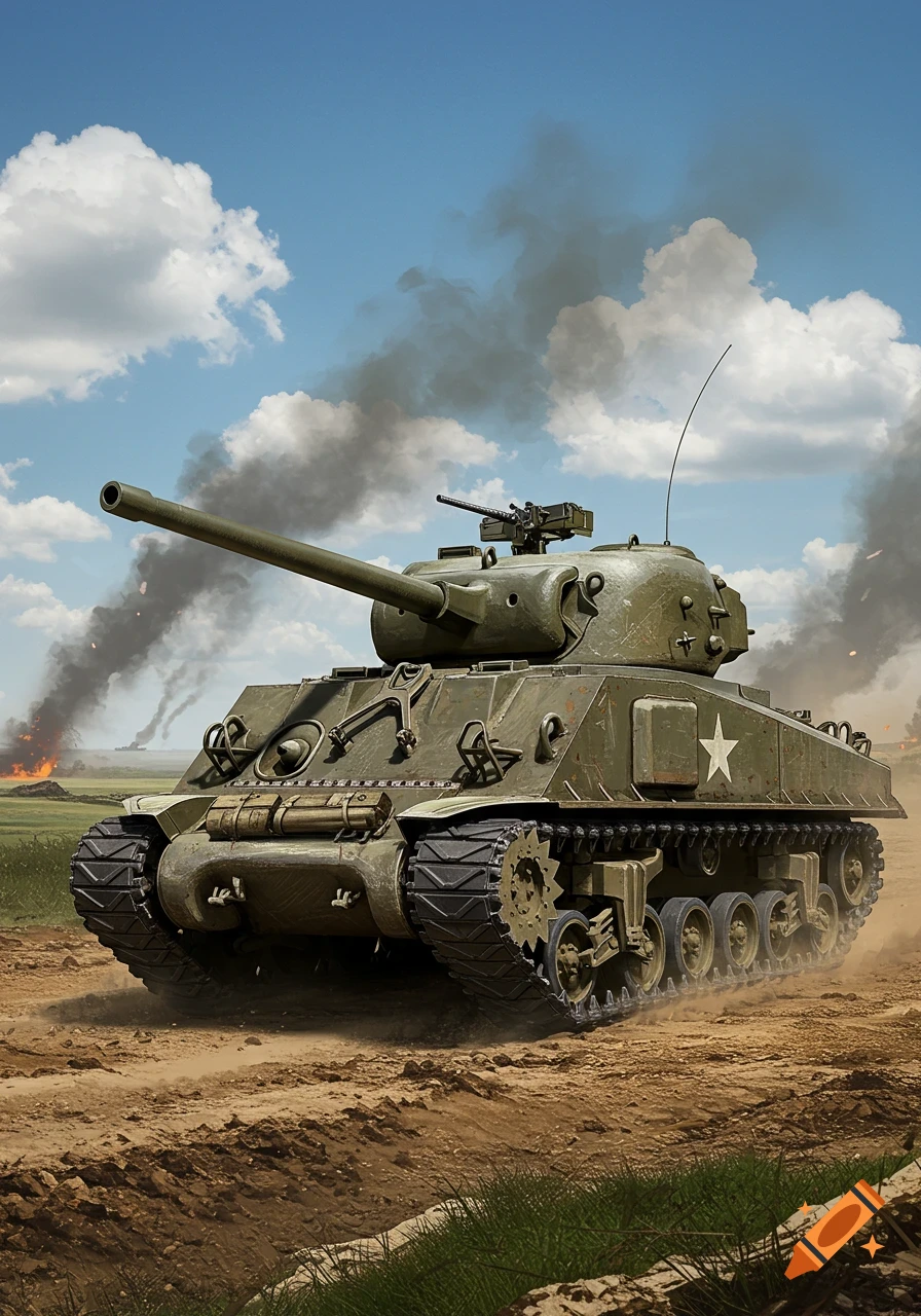 Photorealistic image of an M4A3E2 Jumbo Sherman tank on a dirt road with smoke and explosions in the background.
