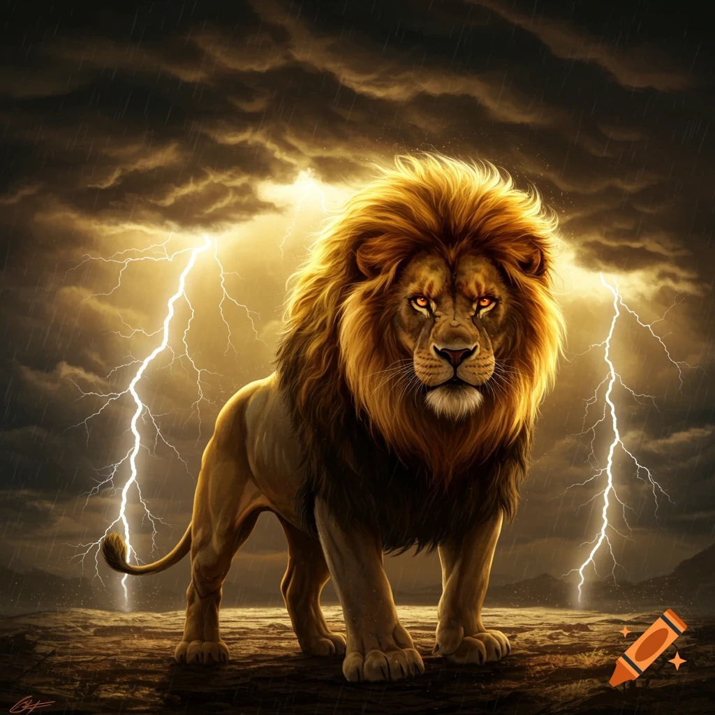 A powerful lion with glowing eyes stands on rocky ground under a dark, stormy sky with bright lightning bolts in a detailed, dramatic style.