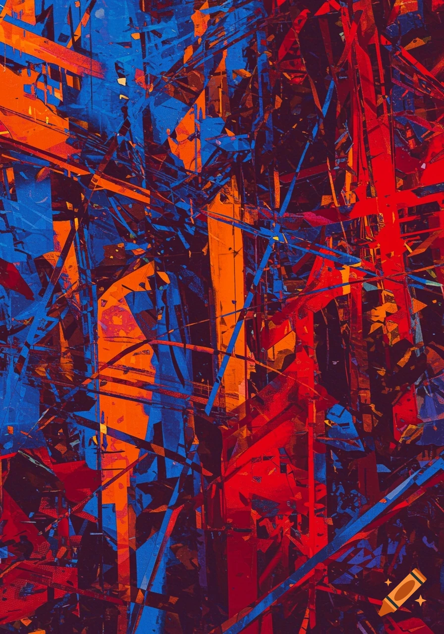 An abstract artwork featuring fragmented shapes and sharp lines in vibrant blue, orange, and red.