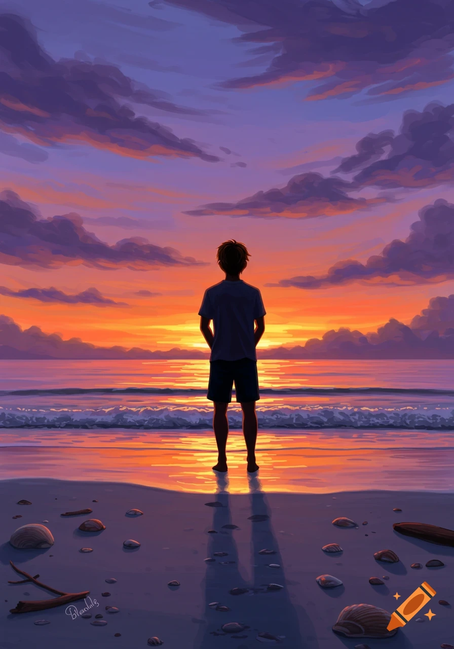 A person stands on a beach looking out at the ocean at sunset, with a vibrant orange and purple sky.