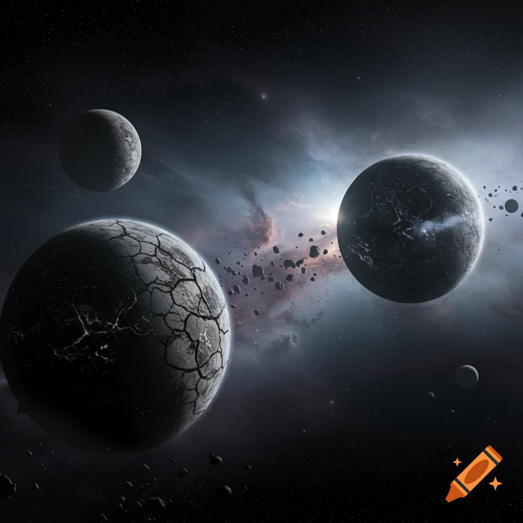 A dark space scene with cracked, desolate planets and an asteroid field against a glowing nebula.