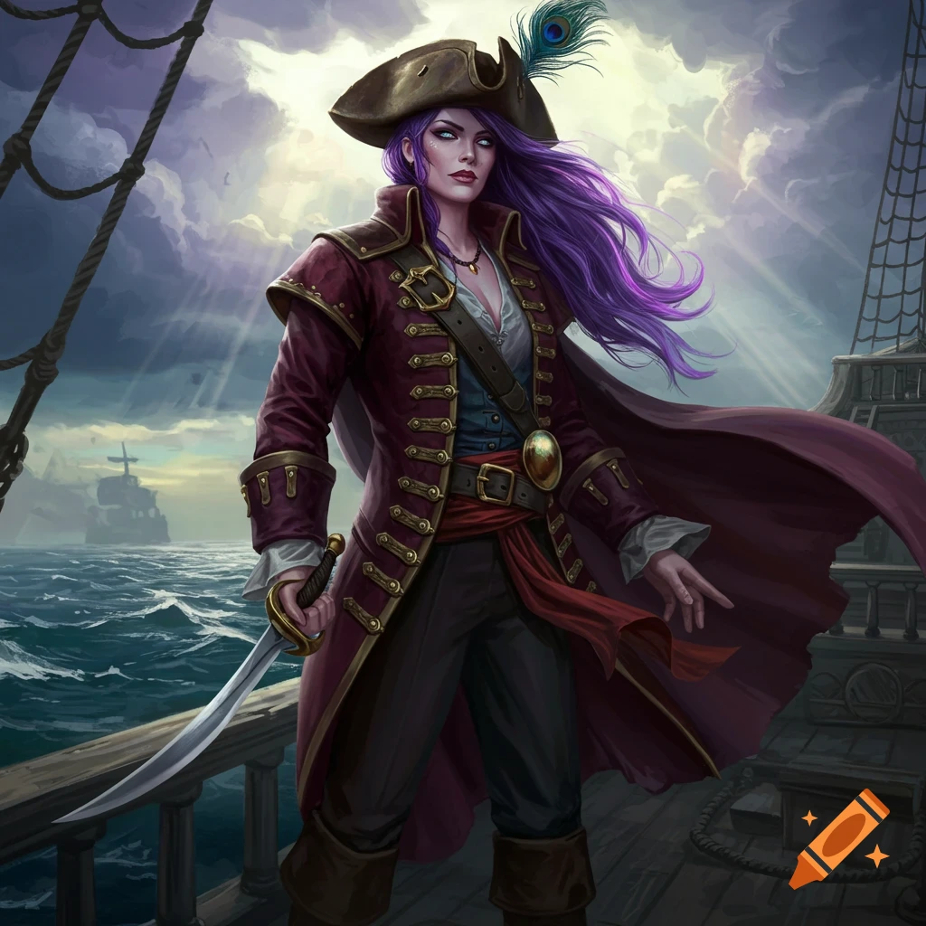 A fantasy pirate captain woman with purple hair stands on a ship's deck, holding a cutlass, with stormy seas and another ship in the background.