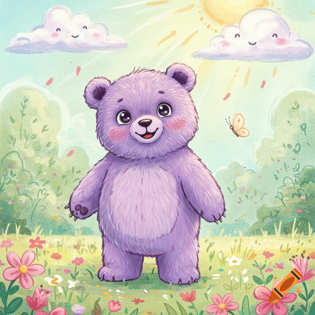 A cute purple bear stands in a vibrant flowery field under a sunny sky, drawn in a color pencil style.