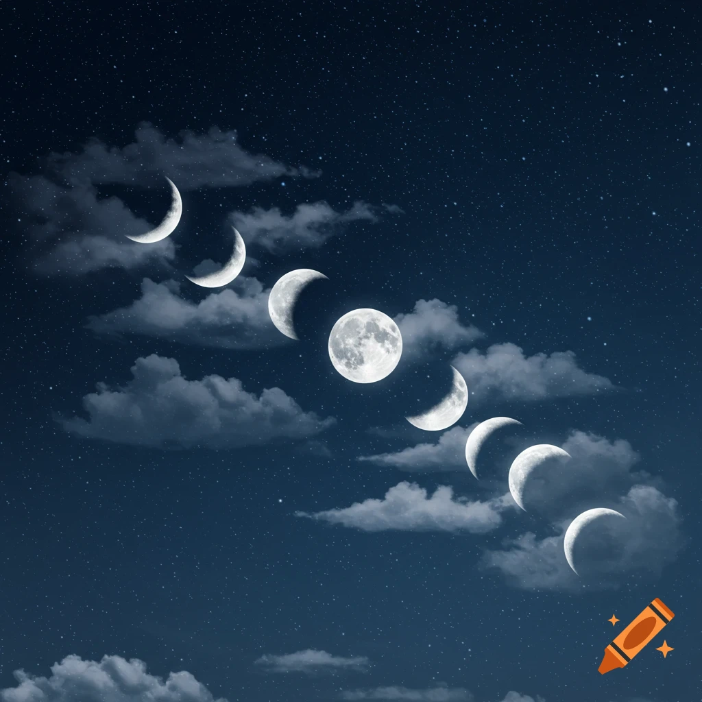 Seven phases of the moon in a diagonal line across a dark, starry night sky with white clouds.