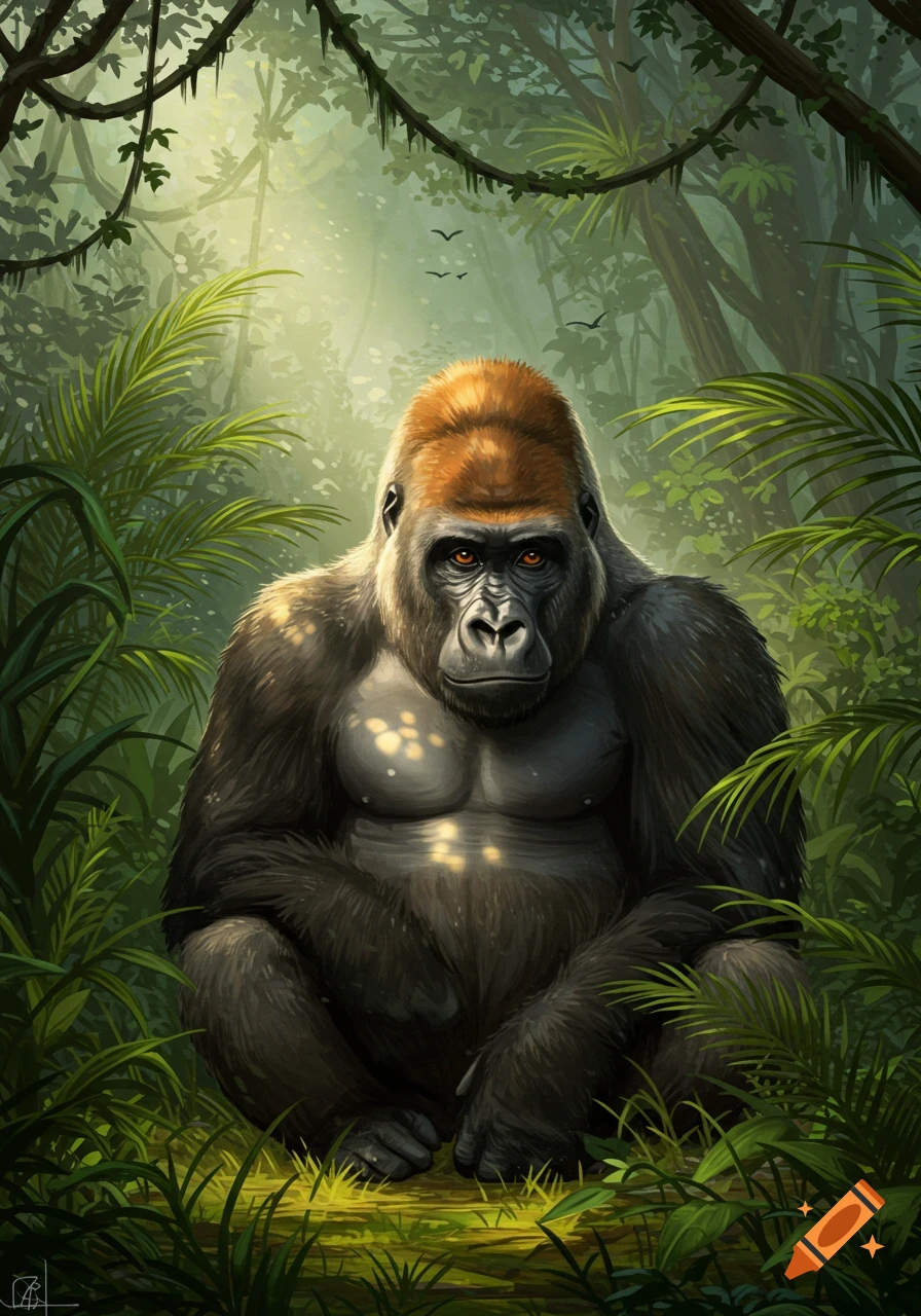 A detailed digital painting of a large silverback gorilla sitting in a lush green jungle with dappled sunlight.