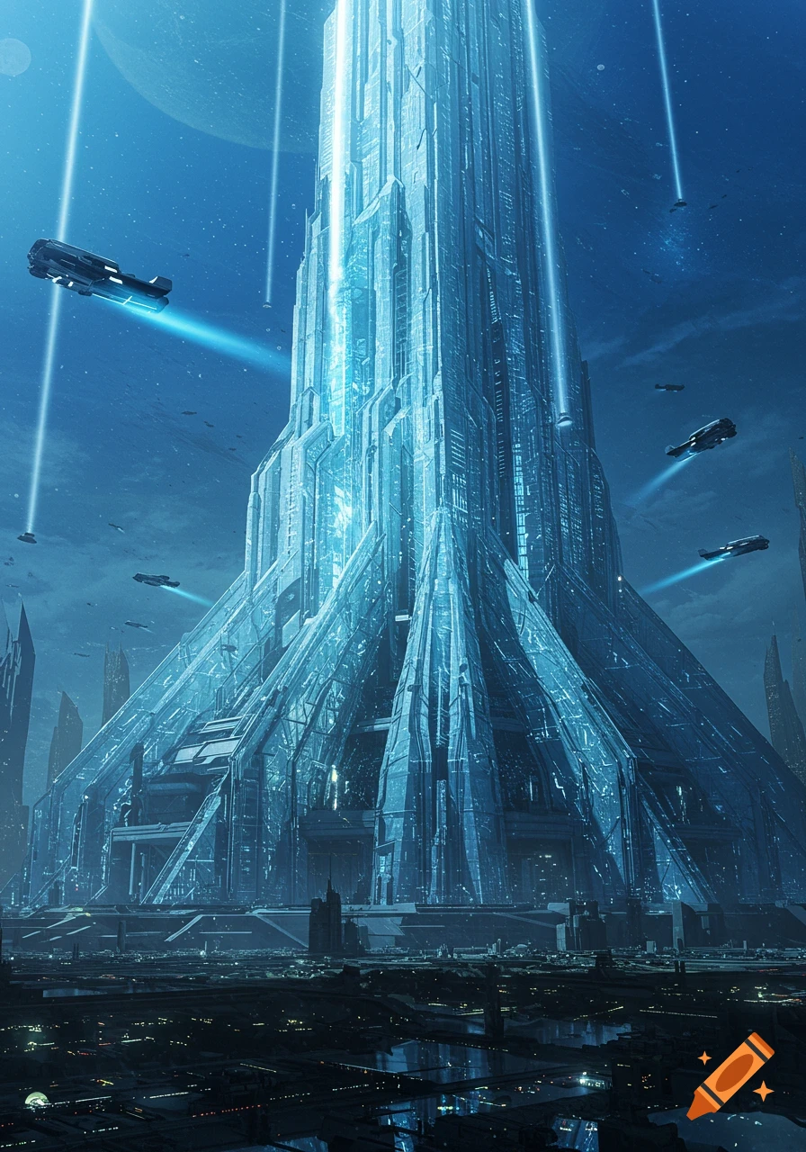 A towering, luminous futuristic glass and steel cathedral in a sprawling cityscape under a blue sky with flying vehicles.