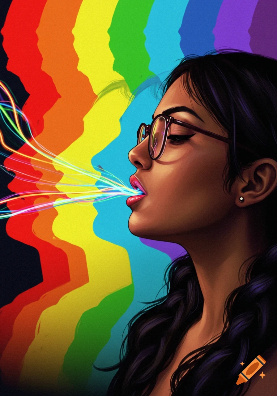 A stylized profile of a woman wearing glasses blowing glowing neon rainbow stripes from her mouth, against a background of colorful, offset silhouettes.