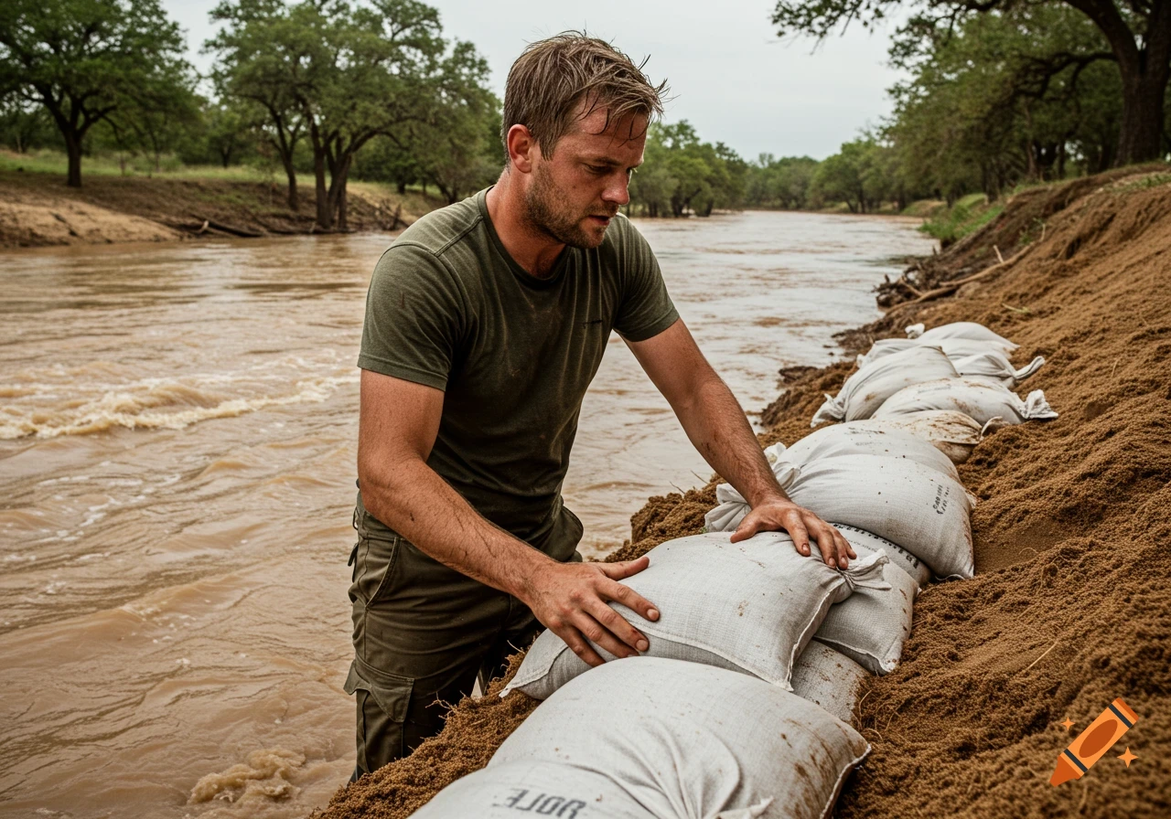 A man in a green shirt and cargo pants lays sandbags by a muddy river to prevent flooding, with trees in the background.