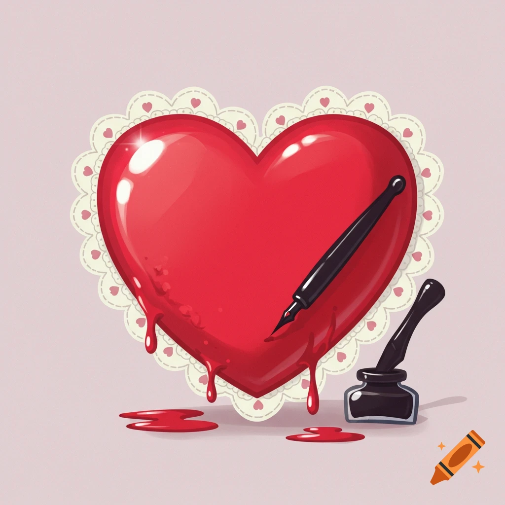 Cartoon red heart with dripping blood, a black quill, and an inkpot, on a white lace doily.
