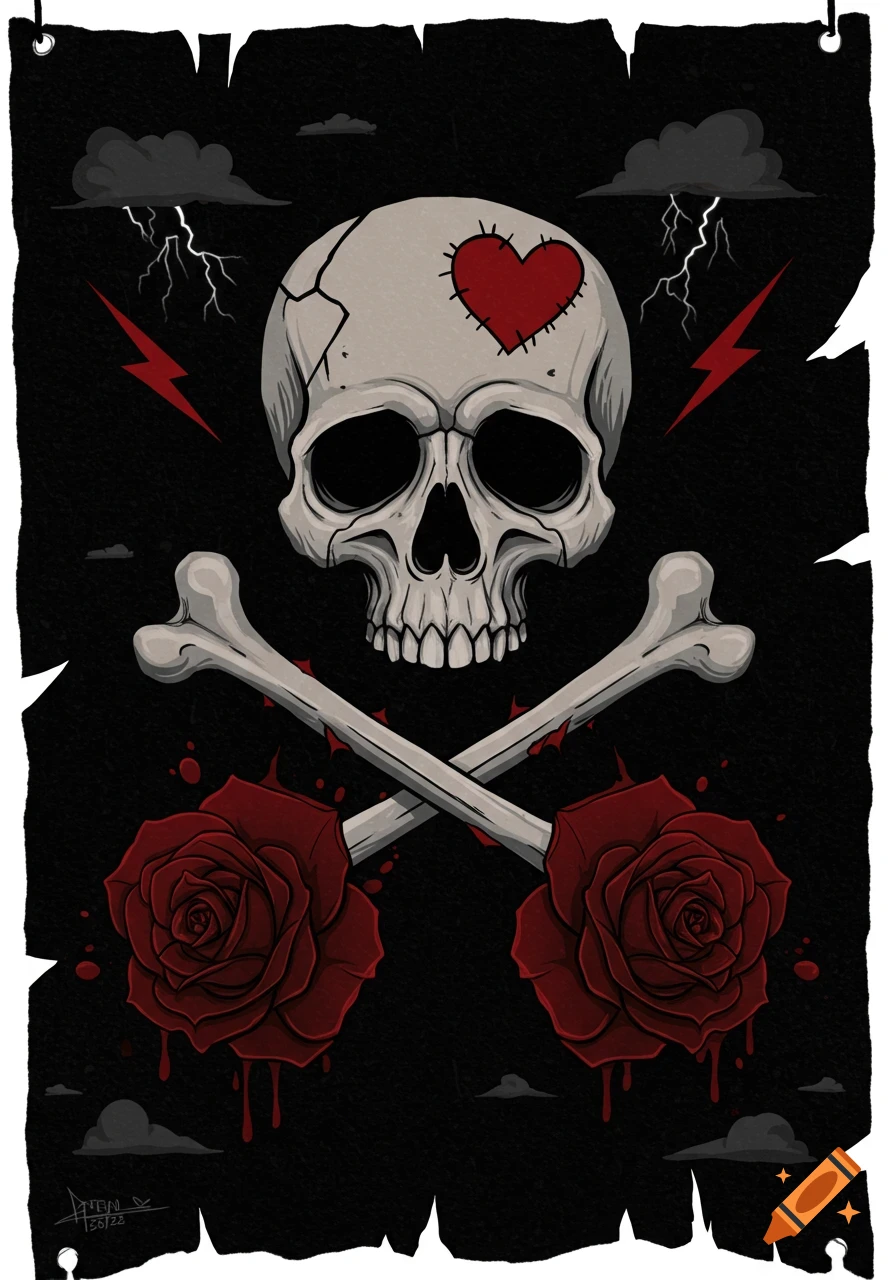 A stylized skull and crossbones with a stitched red heart, red roses, lightning, and stormy clouds.