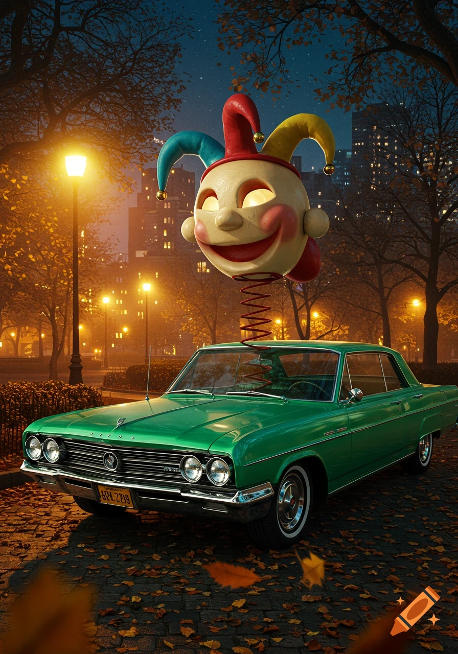 A green 1964 Buick Special car with a giant cartoon jester head on a spring mounted above it, parked in a city park at night with illuminated street lamps and buildings in the background.