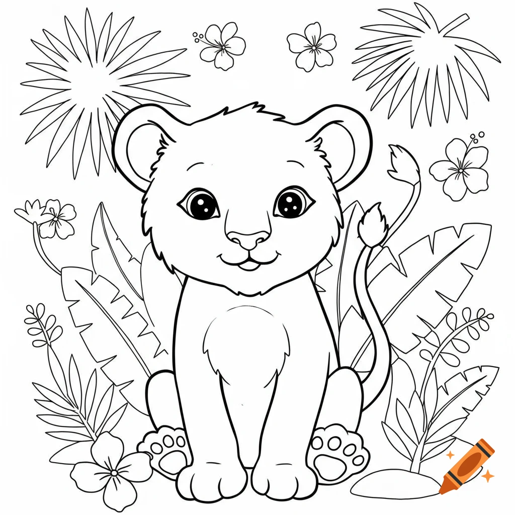 A cute, friendly lion cub sits surrounded by stylized tropical leaves and flowers in a black and white coloring book style.