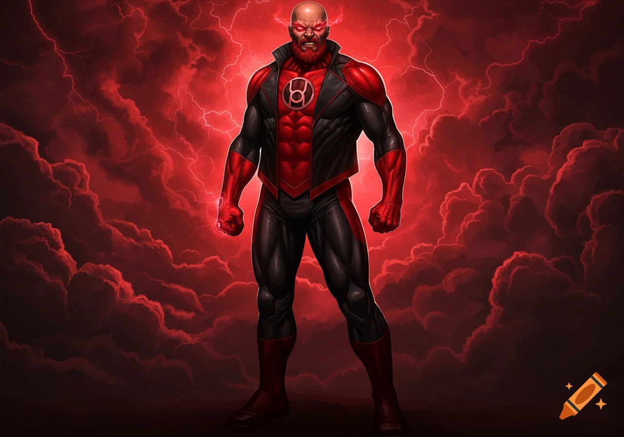 A muscular bald man with a red beard stands in a black and red Red Lantern Corp uniform with the insignia on his chest, against a stormy red background.