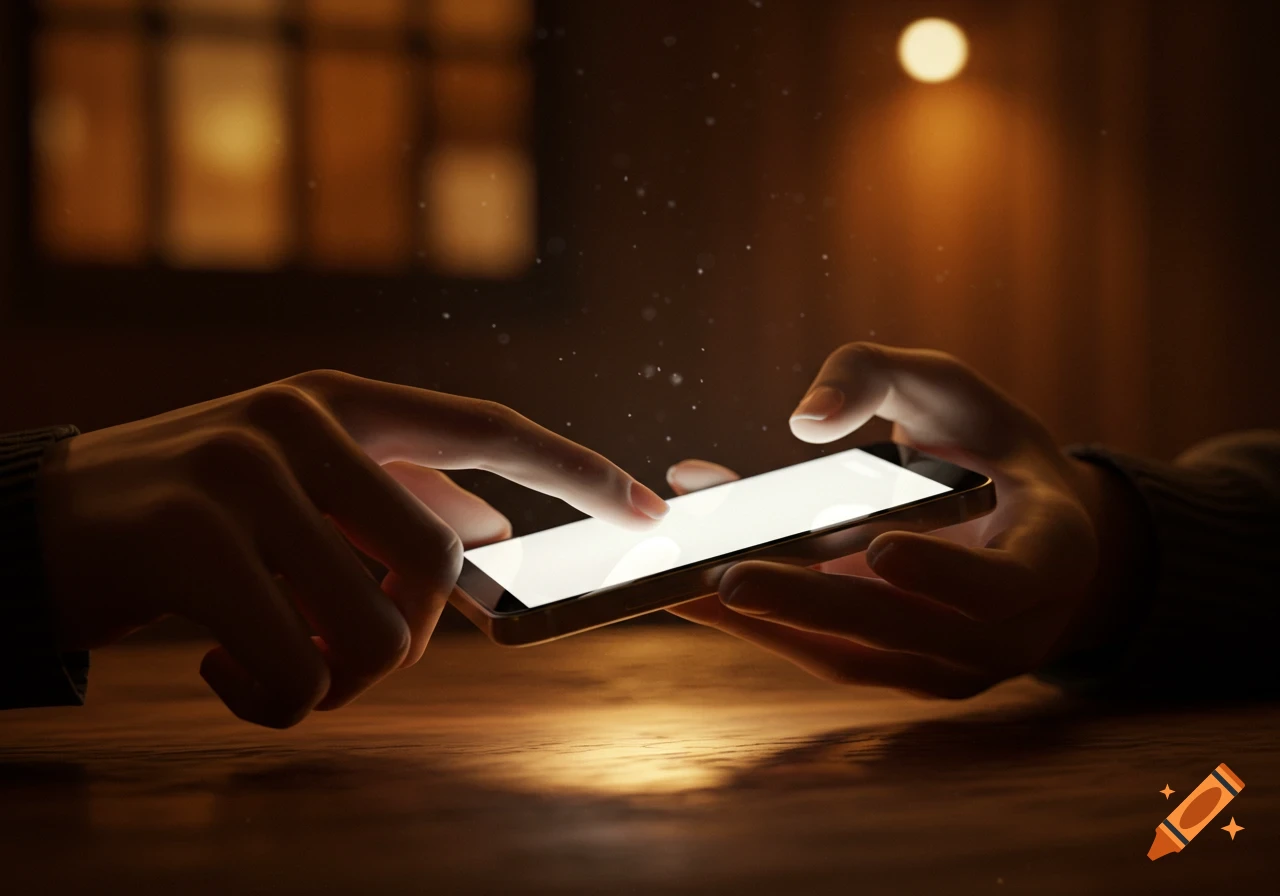 Close-up of two hands holding and interacting with a glowing smartphone in a dimly lit, warm setting.