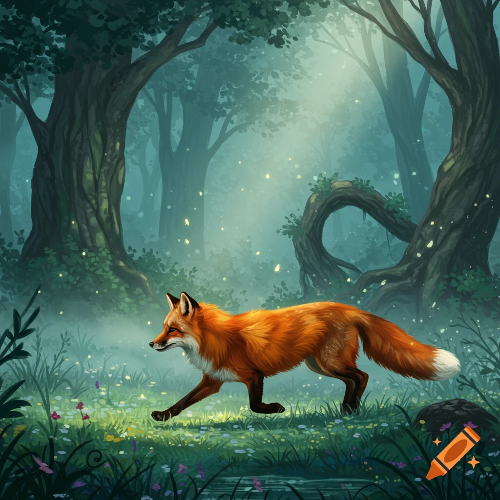 An orange fox walks through a mystical, misty forest illuminated by glowing fireflies, in a painterly style.