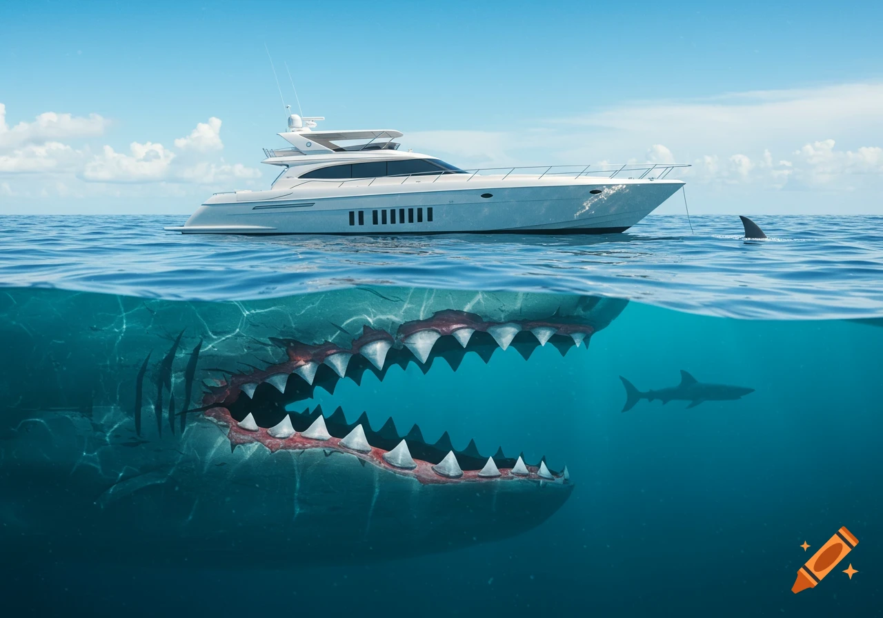 A large white yacht on the ocean with a giant, toothy shark-like monster visible below the surface.