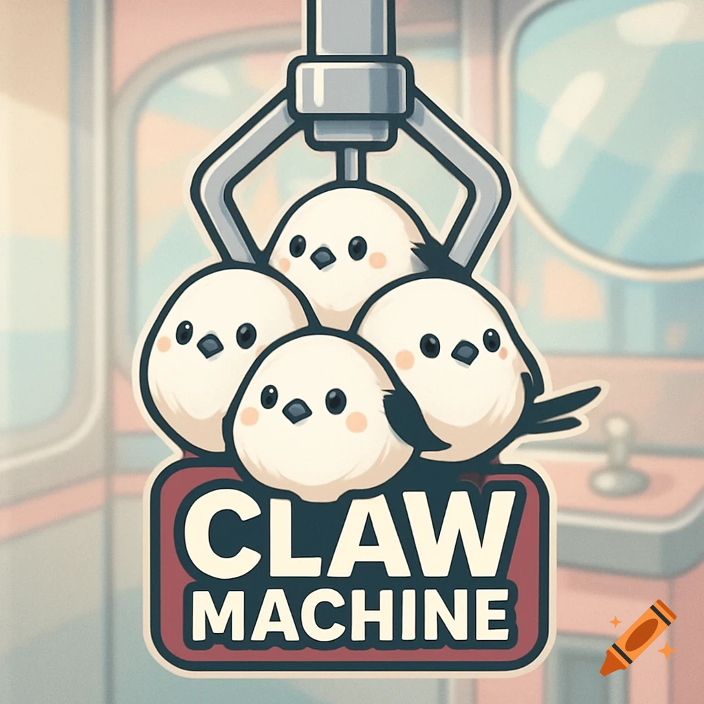 Cute shima enaga birds in a claw machine game logo with 'CLAW MACHINE' text.