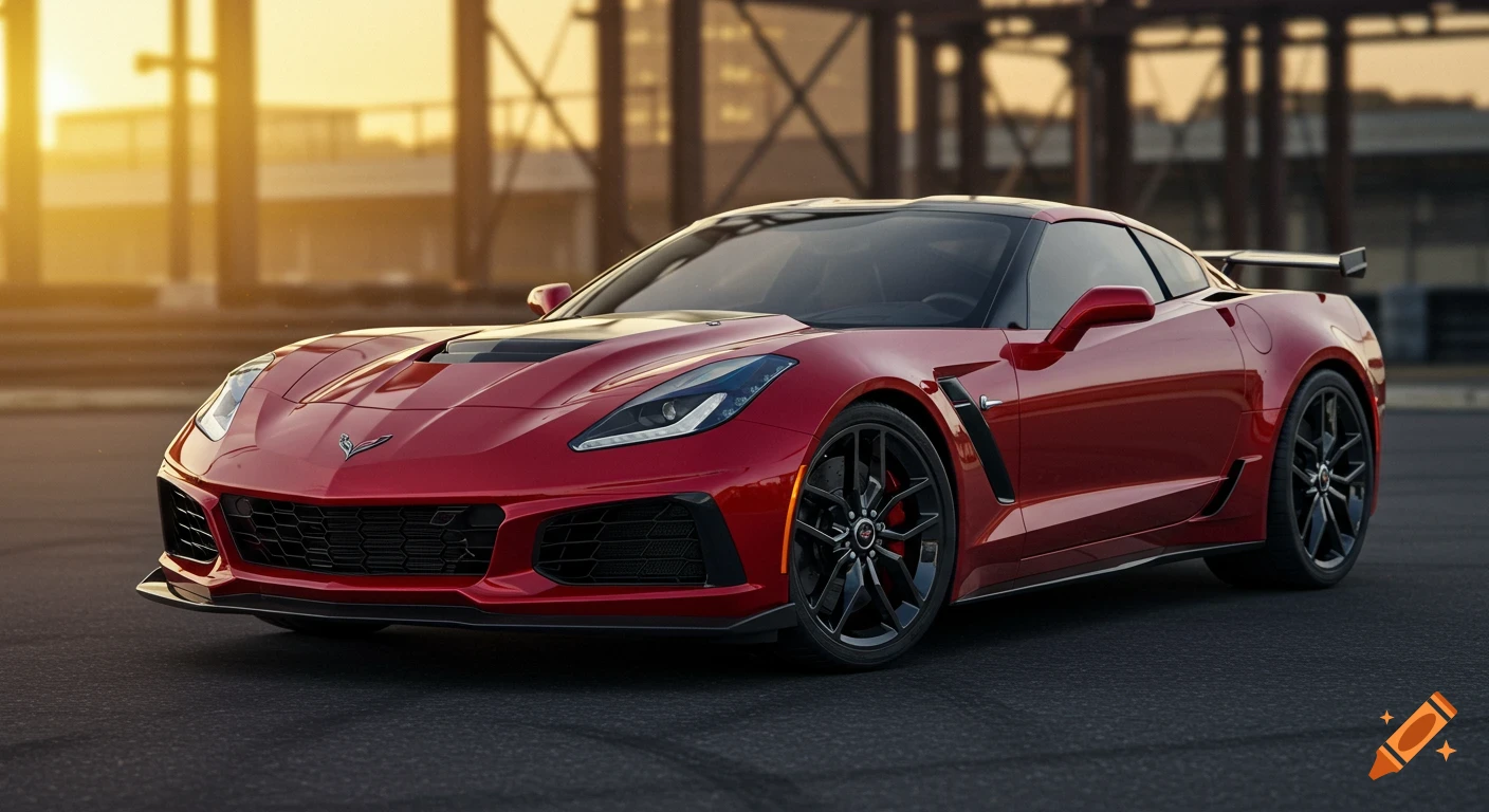 A red 2019 C7 ZR1 Corvette sports car parked on asphalt, facing the camera with a sunset glow in the background.
