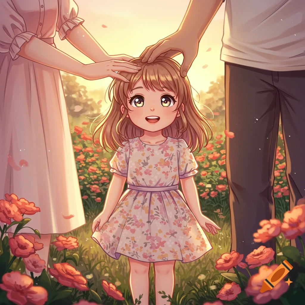 A happy anime girl stands in a field of flowers with her parents' hands on her head, rendered in a warm, bright style.