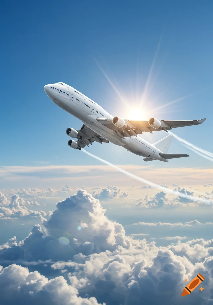 A photorealistic white Boeing 747 airplane flying upward above fluffy clouds, with the sun brightly shining in the blue sky.