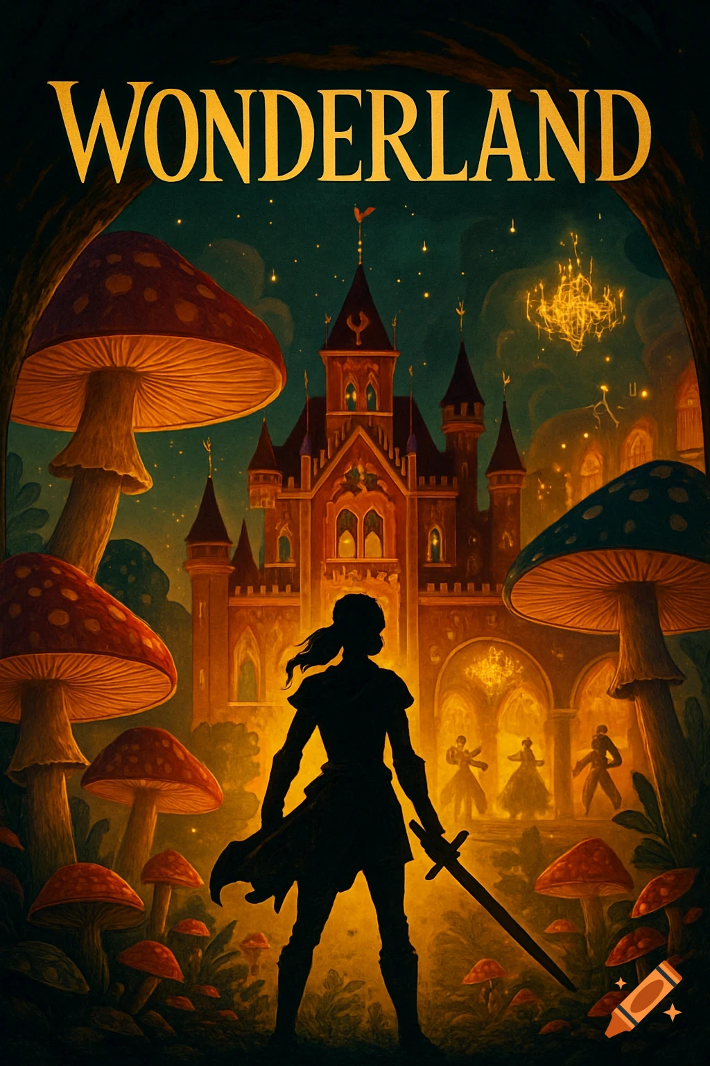 A fantasy illustration of a silhouetted warrior in a mushroom forest facing a castle under a starry sky. 'WONDERLAND' text at top.
