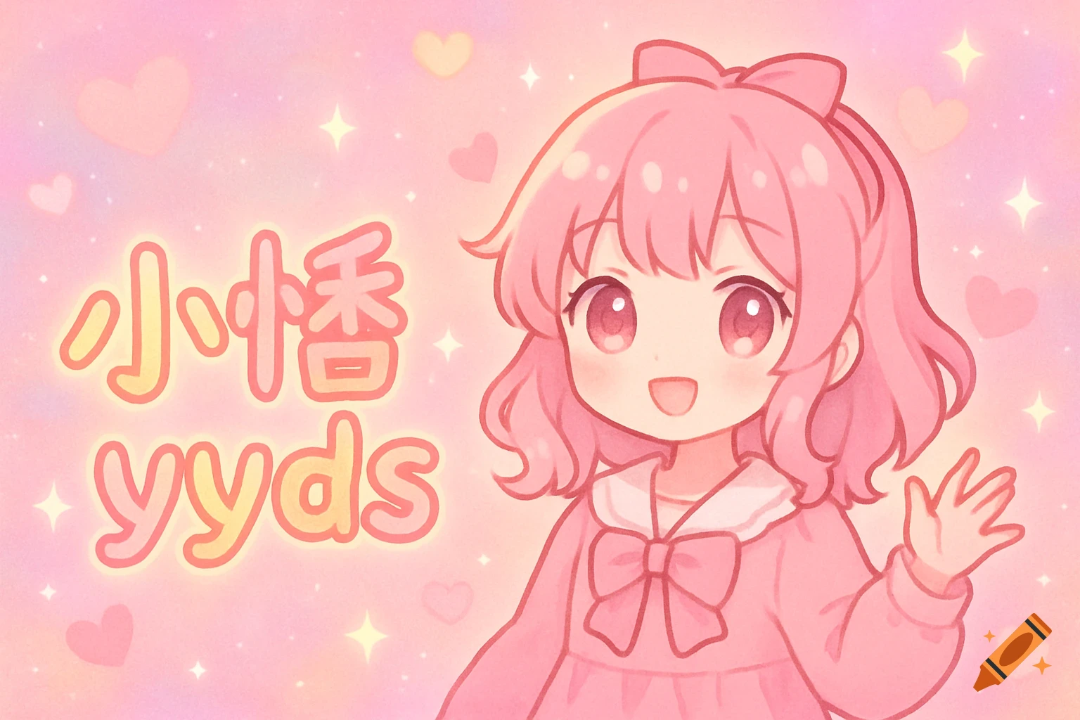 Cute pink-haired anime girl in a pink dress waves, on a sparkly pink background with hearts and the text '小恬yyds'.