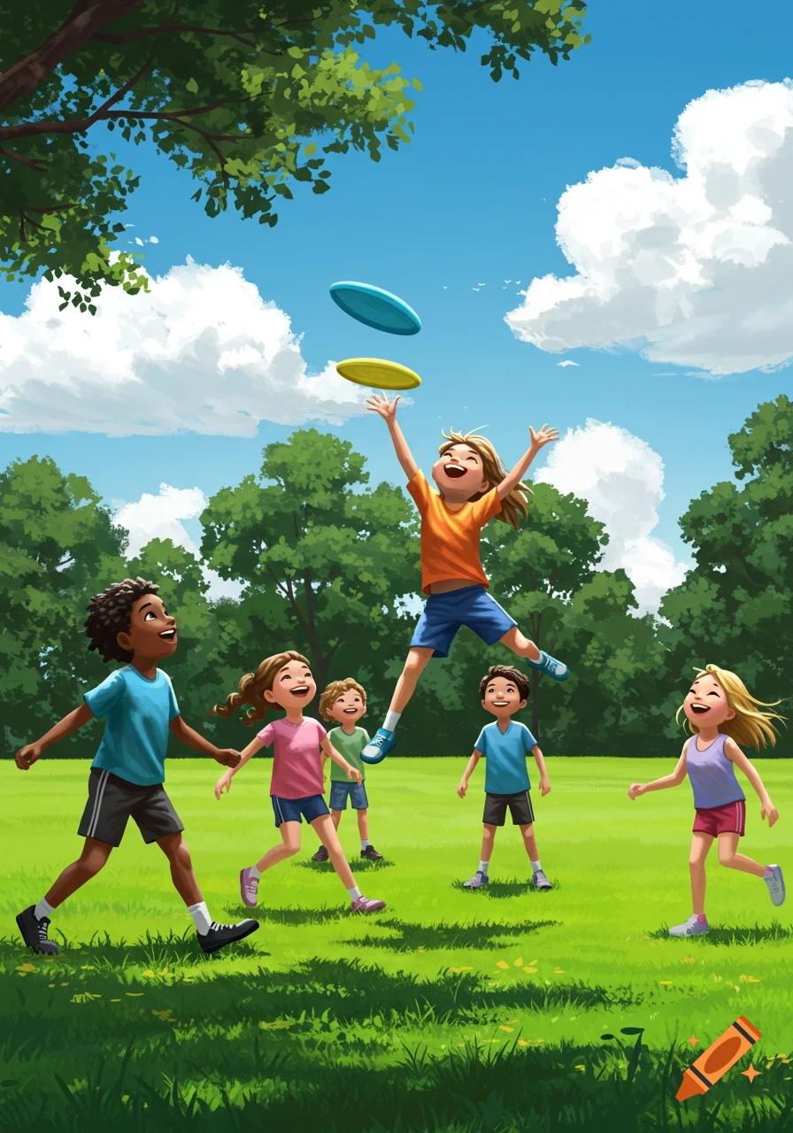 Kids playing frisbee in a park on a sunny day, cartoon illustration.