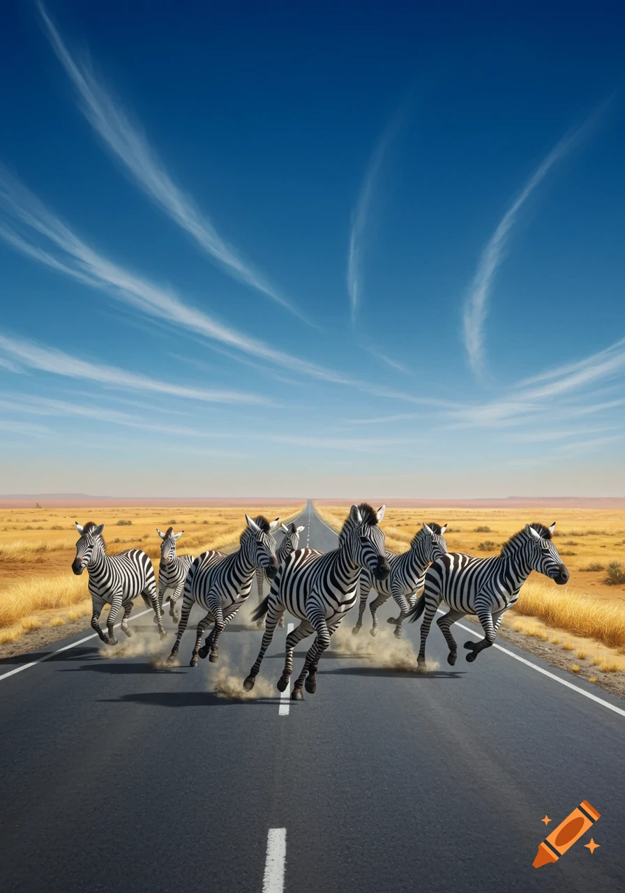 A herd of zebras gallops across a paved highway, kicking up dust in a dry savanna under a blue sky.
