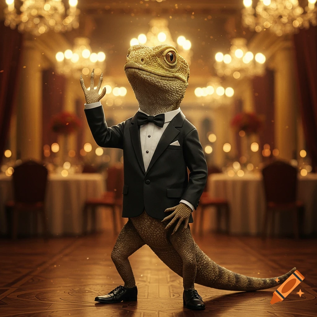 A photorealistic lizard in a black tuxedo stands in a grand ballroom with chandeliers, waving.