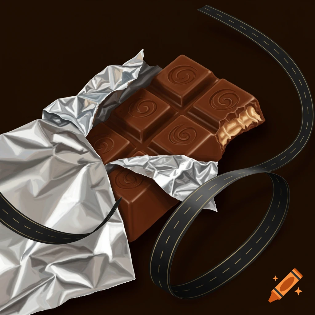 A chocolate bar, half unwrapped from its silver foil, with a bite taken out of one square. A black ribbon resembling a highway curves around it.