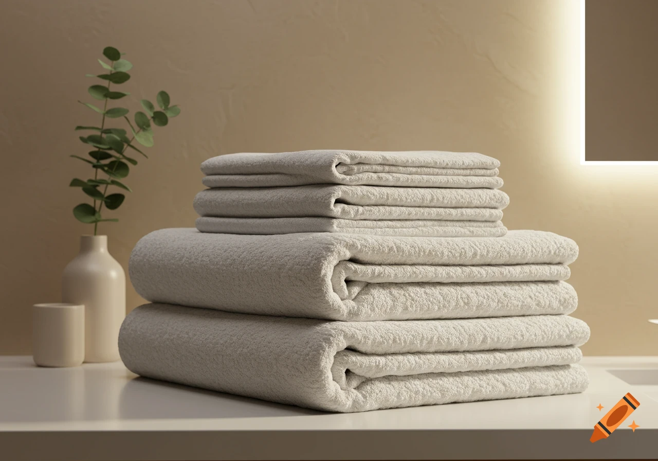 Stack of fluffy white towels on a clean bathroom counter with a plant and soft lighting, photorealistic.