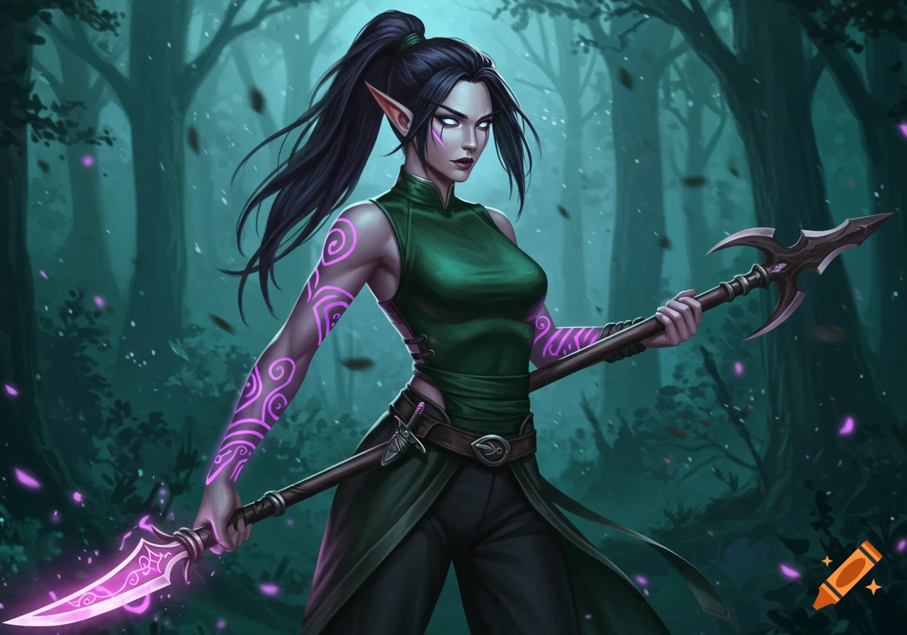 A dark-haired elven woman with glowing eyes and purple tattoos stands in a misty forest, wielding a glowing purple glaive.