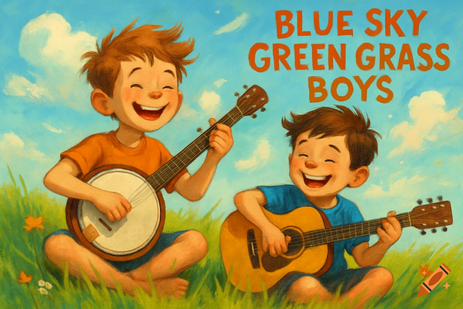 Two happy cartoon boys play a banjo and guitar in a grassy field under a blue sky with the text 'BLUE SKY GREEN GRASS BOYS'.