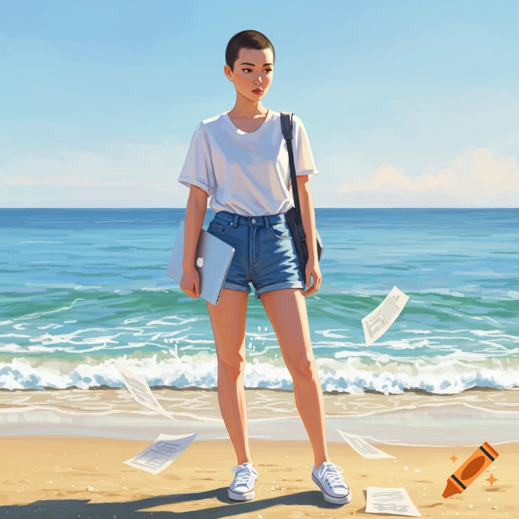 An illustration of an Asian woman with a buzz cut, white shirt, and denim shorts on a sunny beach, holding a laptop. Papers float around her.