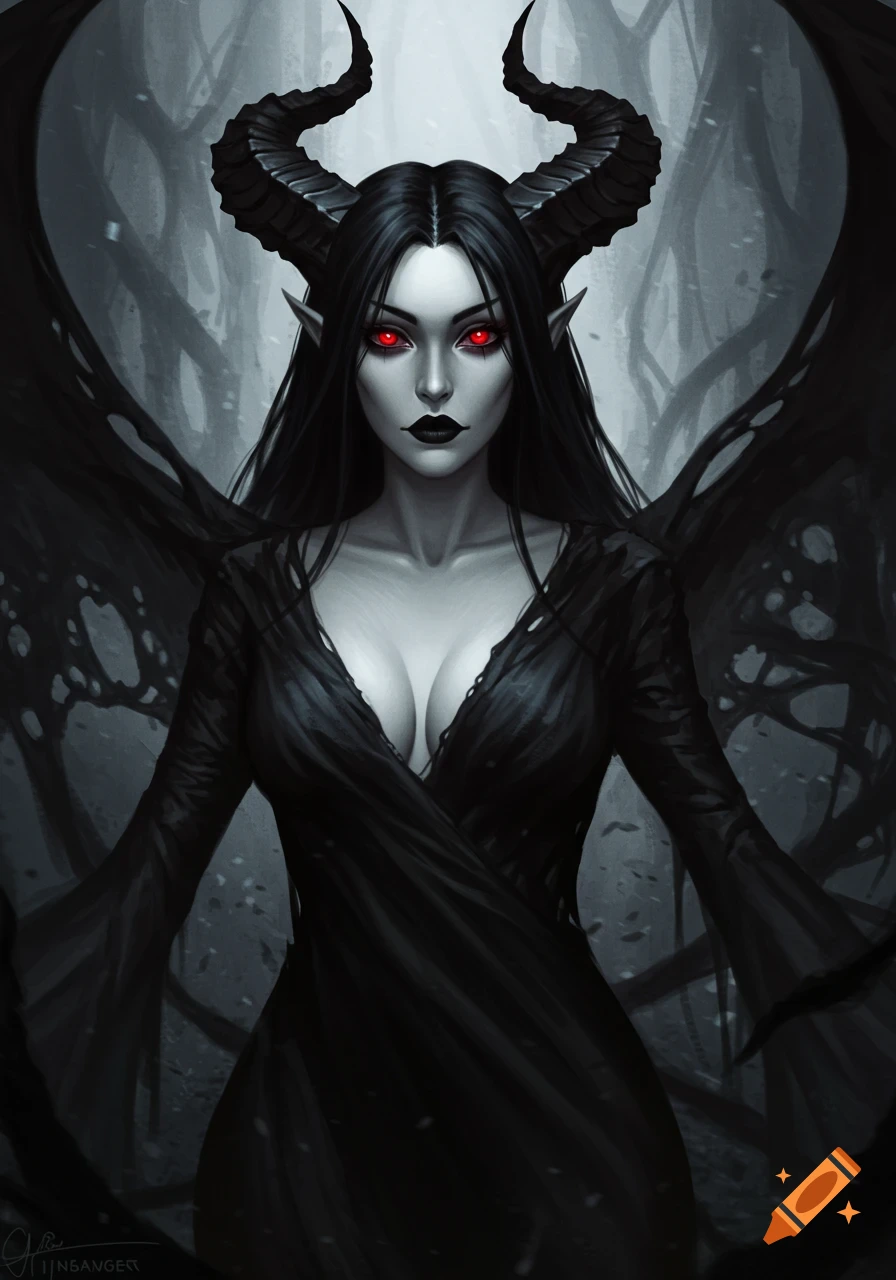 A pale-skinned female demon with black horns, red eyes, and a black dress with shadowy wings, stands in a dark, eerie forest.