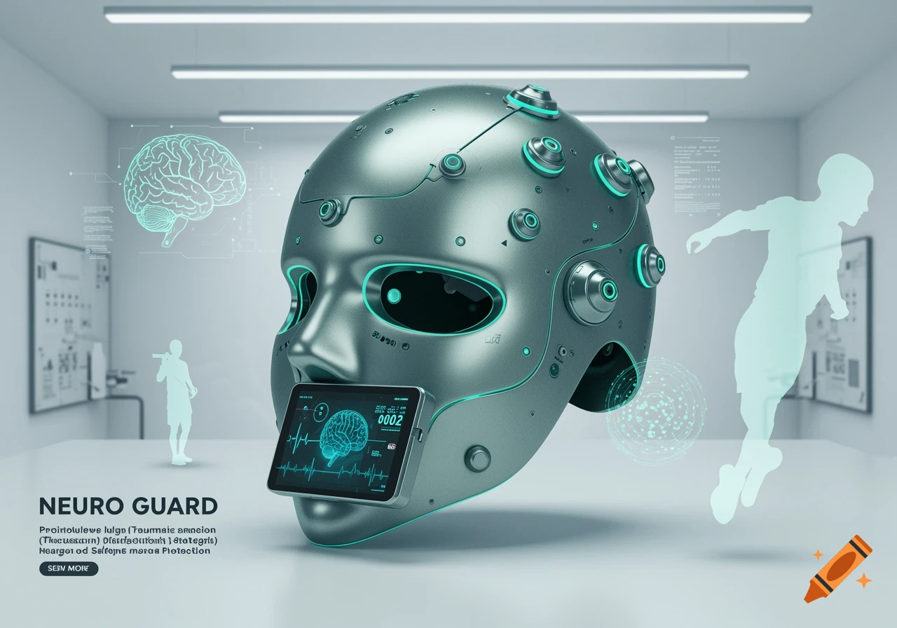 A futuristic silver robotic helmet with glowing teal accents, designed as a medical device, with a screen displaying a brain scan and heart rate monitor. The helmet is in a clean, high-tech lab environment with translucent holographic figures in the background.