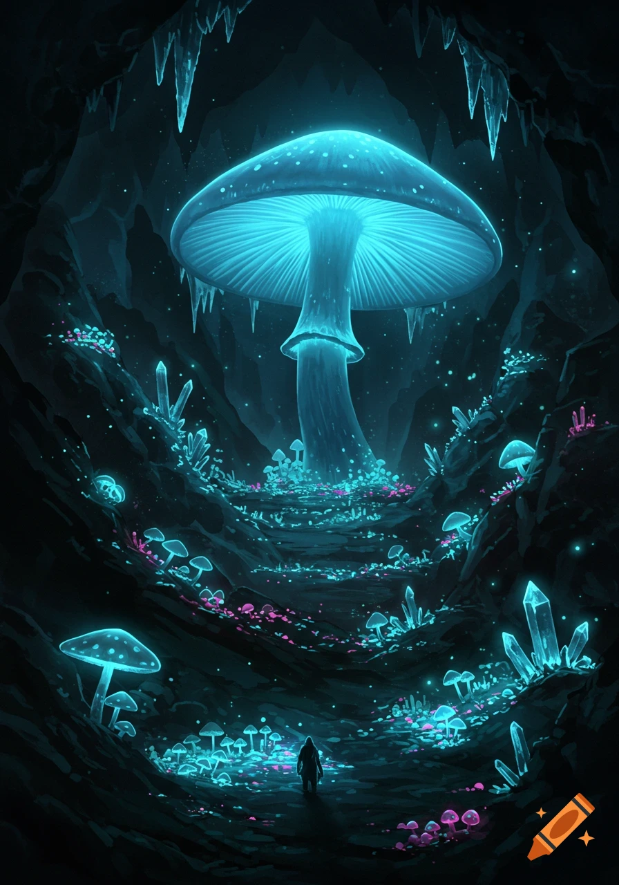 A lone figure walks towards a giant glowing blue mushroom in a dark, bioluminescent underground cavern filled with smaller glowing mushrooms and crystals.