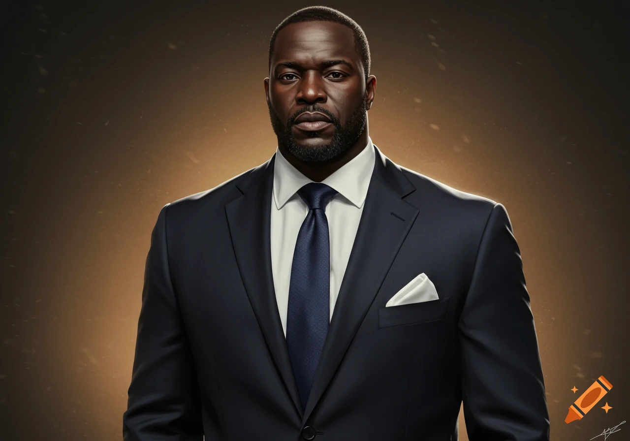 Photorealistic portrait of a broad-shouldered man with a beard, wearing a dark blue suit, white shirt, and navy tie, looking directly at the viewer against a warm, dark background.