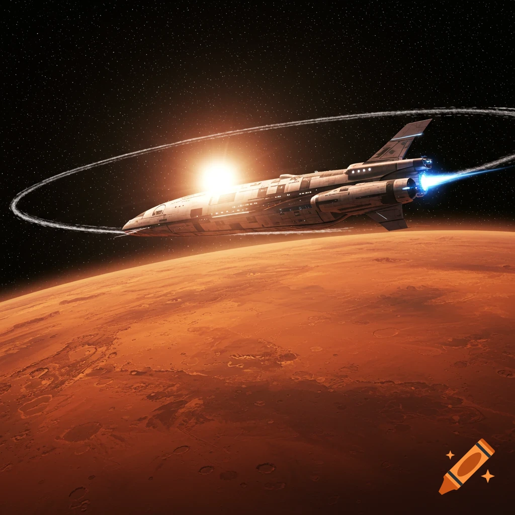 A futuristic spaceship with bright engines orbits a red planet with a bright sun, in a starry deep space scene.